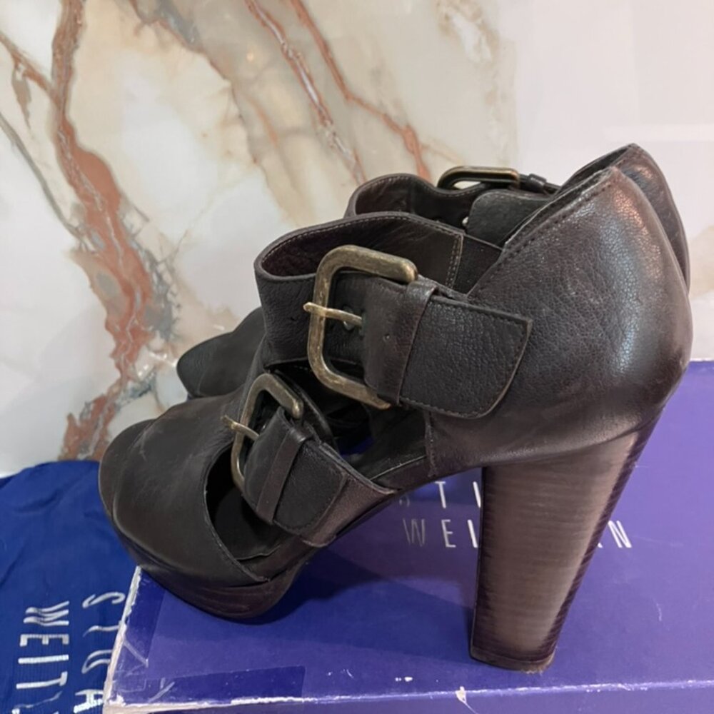 Stuart Weitzman "DISCO" Chocolate Brown Leather Heels - 4" Block Heel - Size 7B